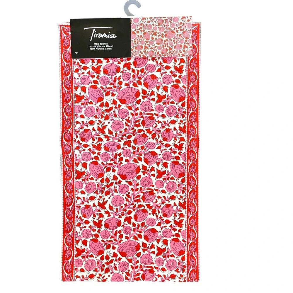 TIRAMISU Spring Pink Red Floral 100% Premium Cotton Table Runner 14